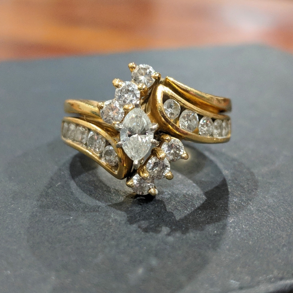 14K Gold Diamond Engagement Ring and Wedding Band